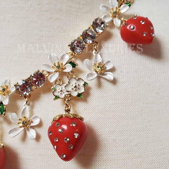 BETSEY JOHNSON NECKLACE EARRINGS SET STRAWBERRY & FLOWER CHARMS on CHAIN